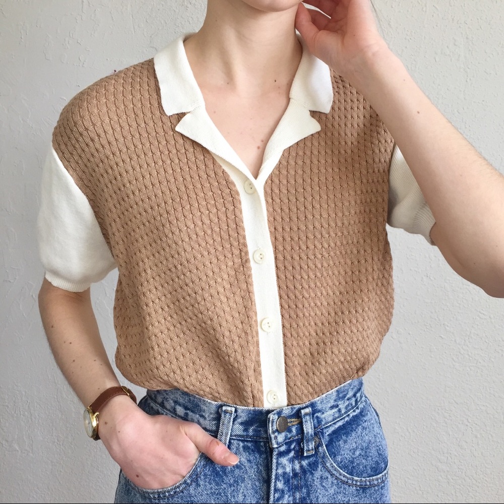 Tan and cream golf button up shirt